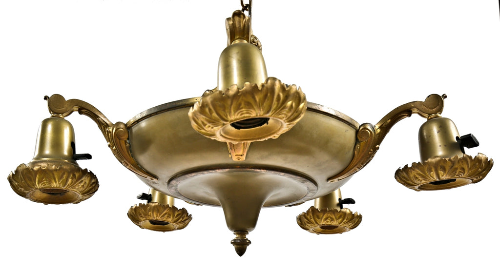 nicely aged american depression era five-arm interior residential ceiling light pan fixture with acorn finial and intact decorative socket covers