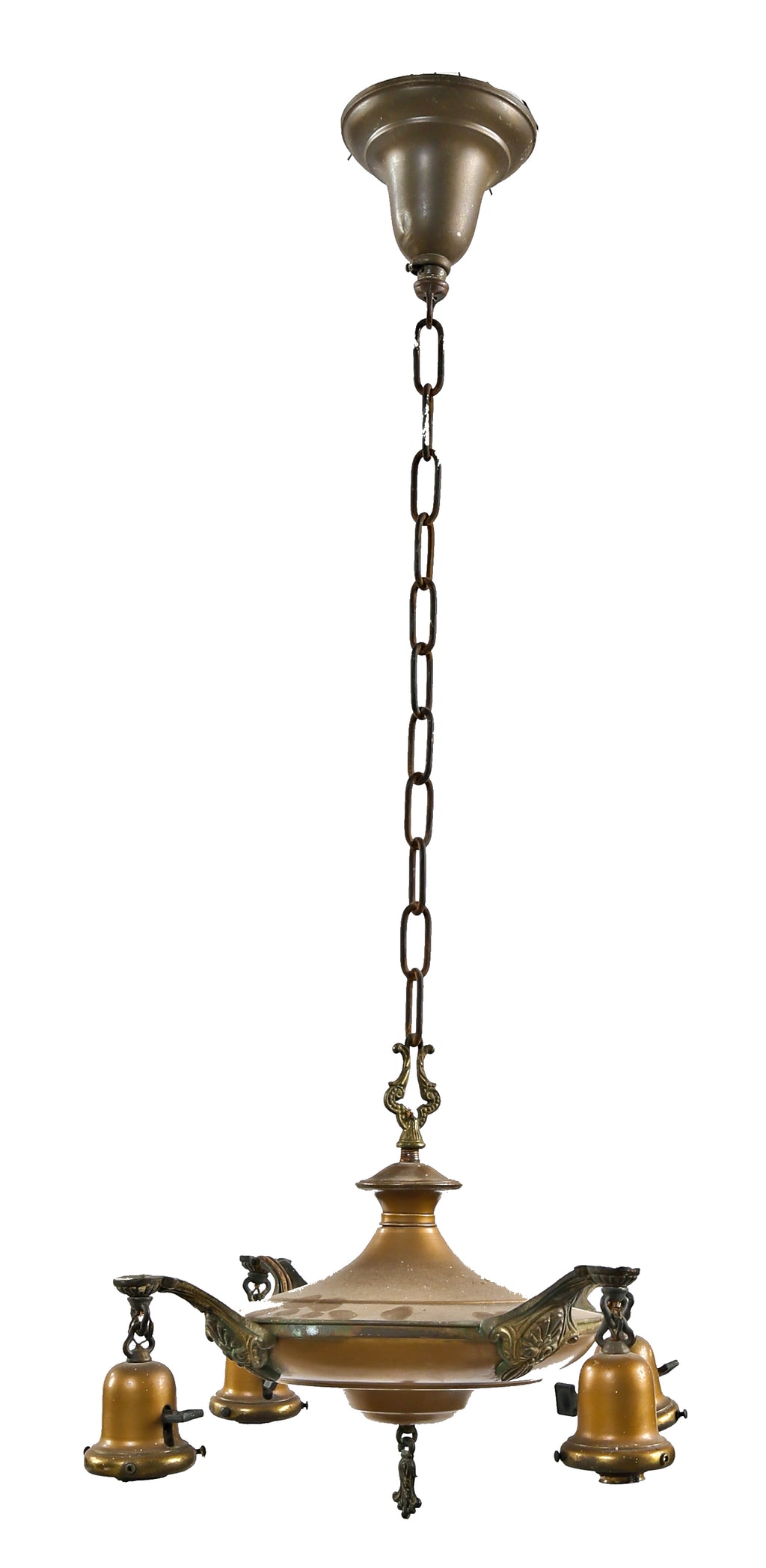 nicely aged american depression era five-arm interior residential ceiling light pan fixture with acorn finial and intact decorative socket covers