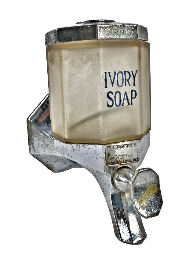 original and intact c. 1920's multi-faceted frosted glass "ivory soap" salvaged chicago wall-mount soap dispenser with intact plunger and mounting bracket
