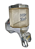original and intact c. 1920's multi-faceted frosted glass "ivory soap" salvaged chicago wall-mount soap dispenser with intact plunger and mounting bracket