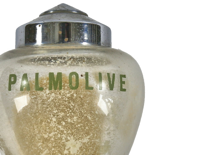 fully functional single-pump action c. 1930's american industrial wall-mount commercial building lavatory "palmolive" brand soap dispenser