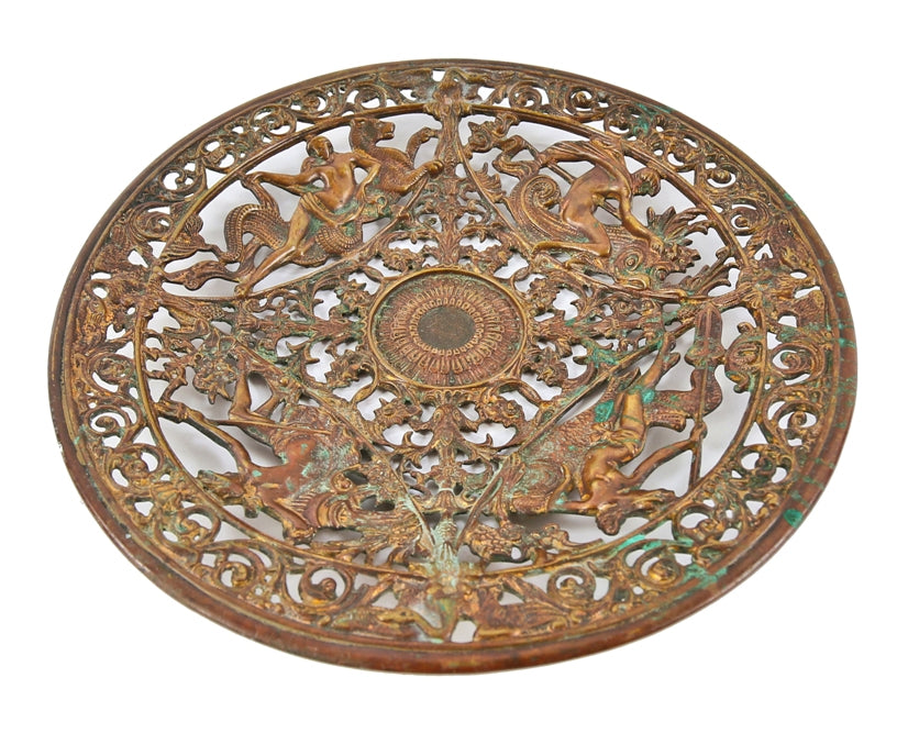 original nicely aged late 19th or early 20th century ornamental cast bronze calling card tray with intricately designed mythical creatures, human figures and foliate