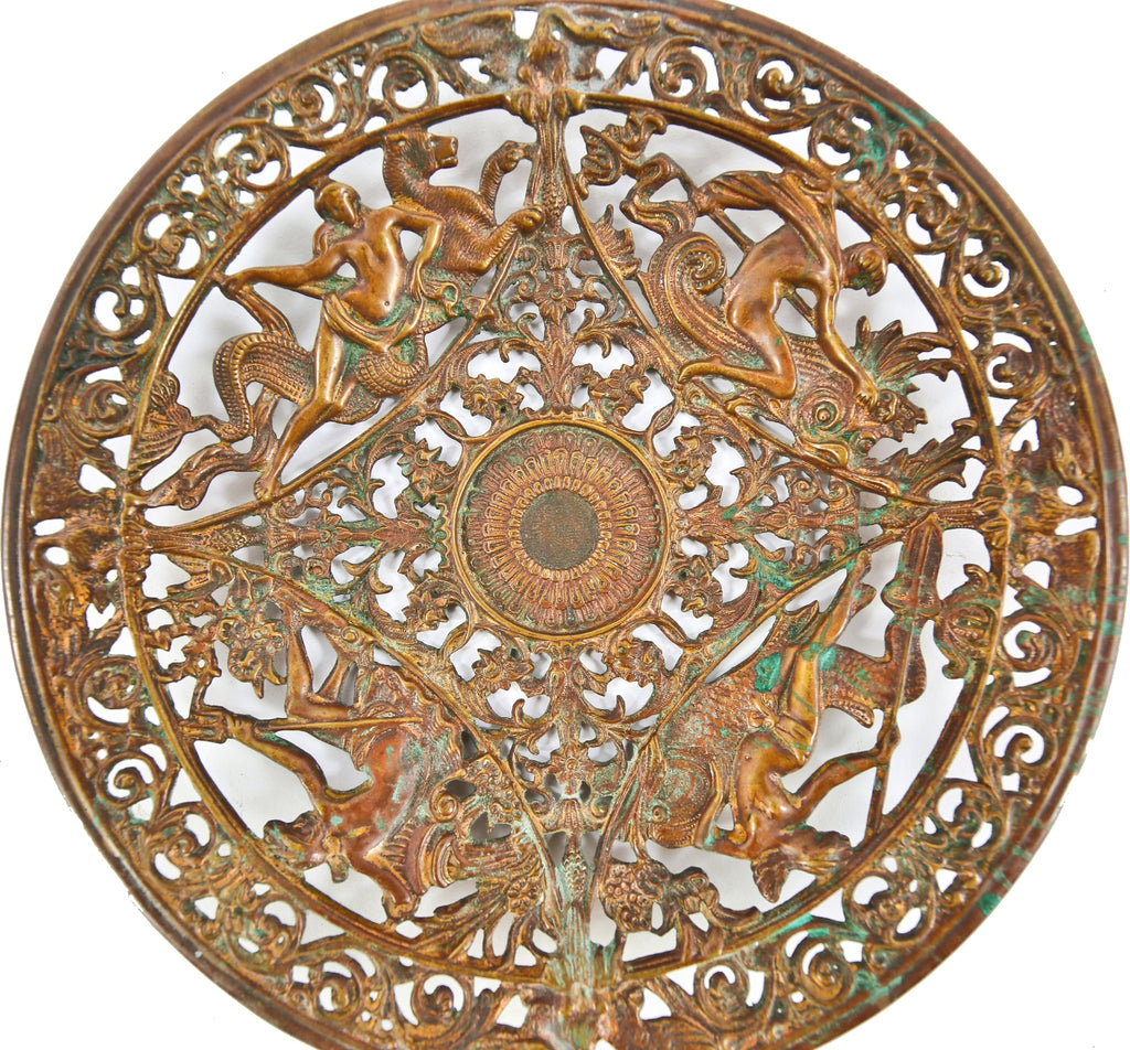 original nicely aged late 19th or early 20th century ornamental cast bronze calling card tray with intricately designed mythical creatures, human figures and foliate