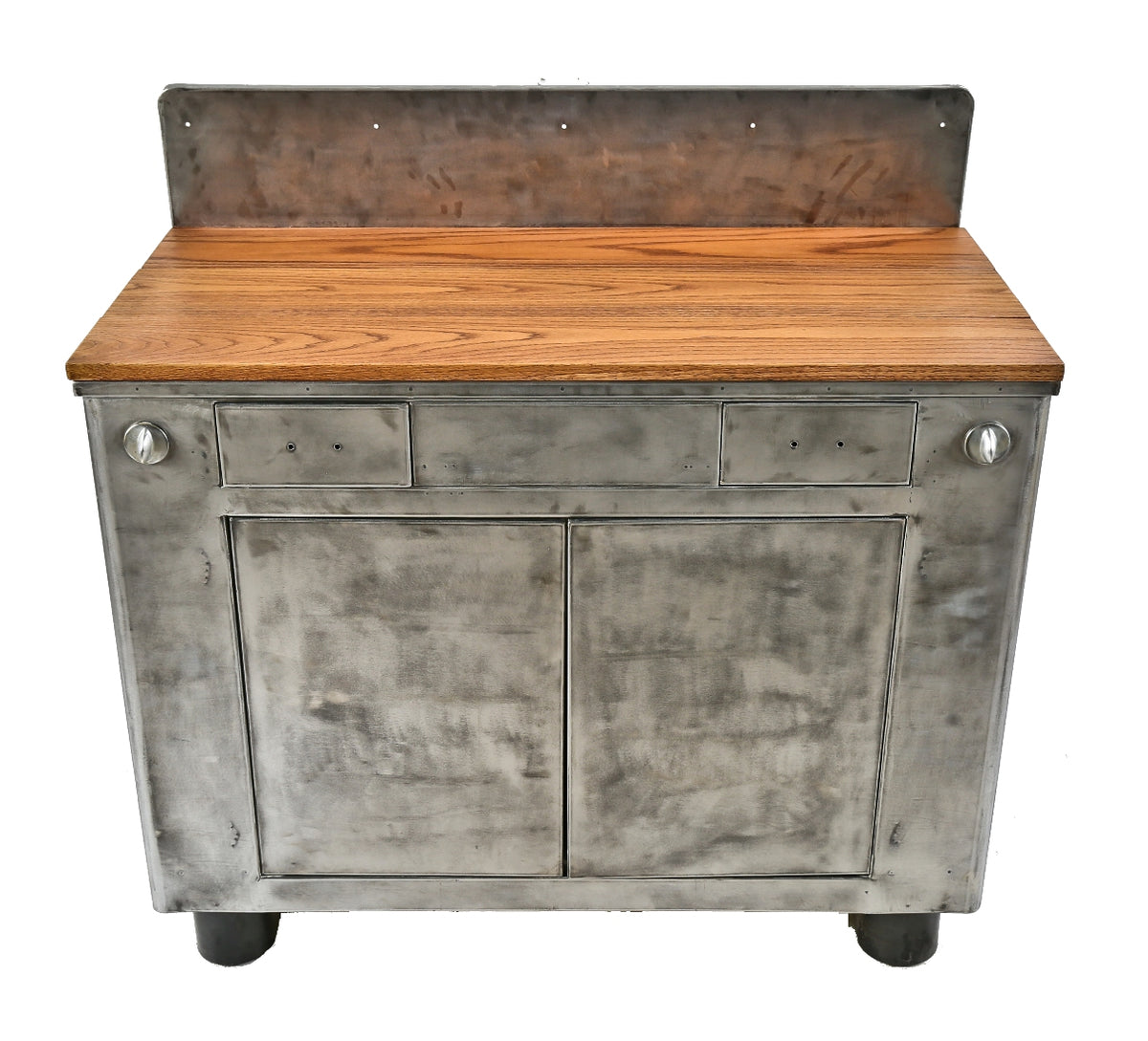 repurposed c. 1940's streamlined style pressed and folded steel w.d. allison salvaged chicago hospital workstation with newly added solid oak wood tabletop