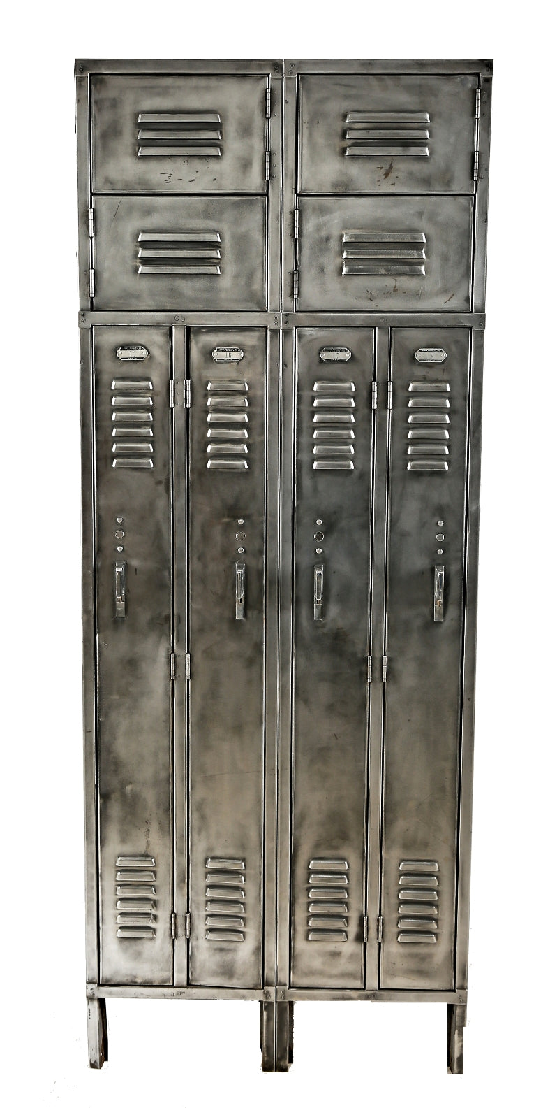 original vintage american industrial brushed steel munitions factory compartmentalized freestanding locker with overhead compartments