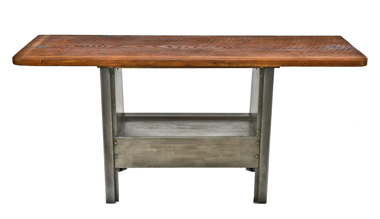 repurposed c. 1930's american antique industrial salvaged chicago textile factory reinforced machine shop steel base with refinished solid oak wood tabletop