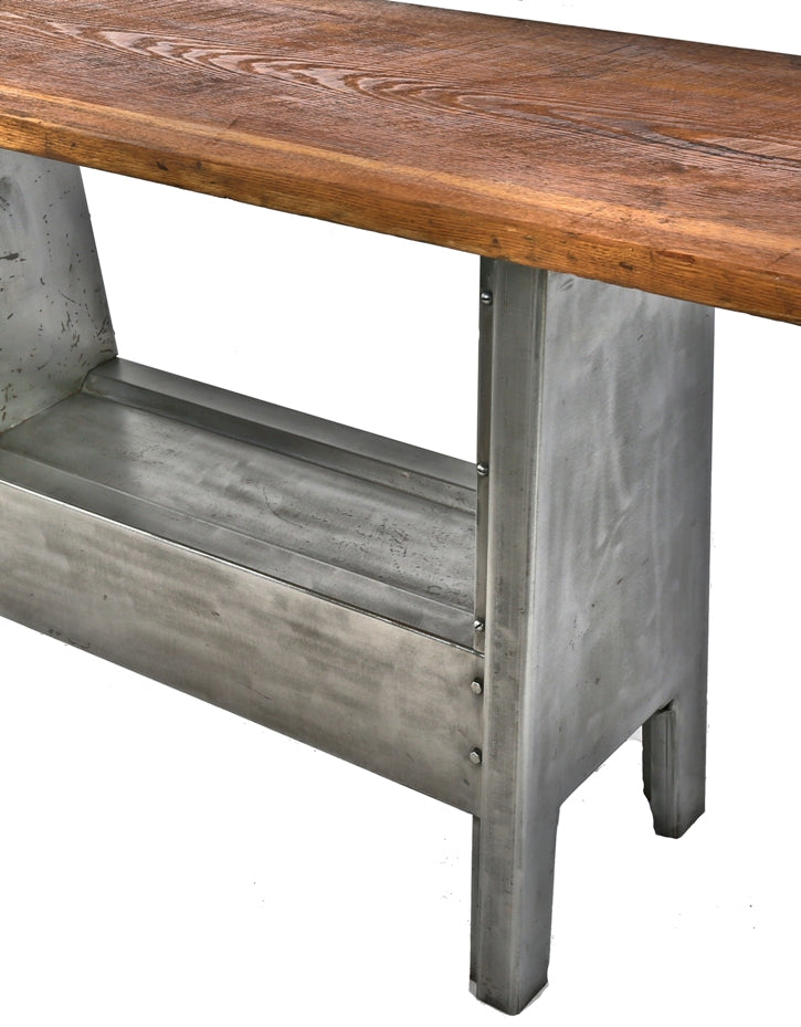 repurposed c. 1930's american antique industrial salvaged chicago textile factory reinforced machine shop steel base with refinished solid oak wood tabletop