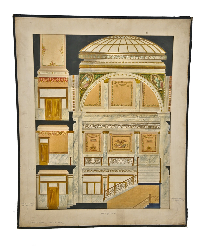 early 20th american polychromatic watercolor rendering depicting a longitudinal view of a midwestern courthouse by prolific artist odin j. oyen