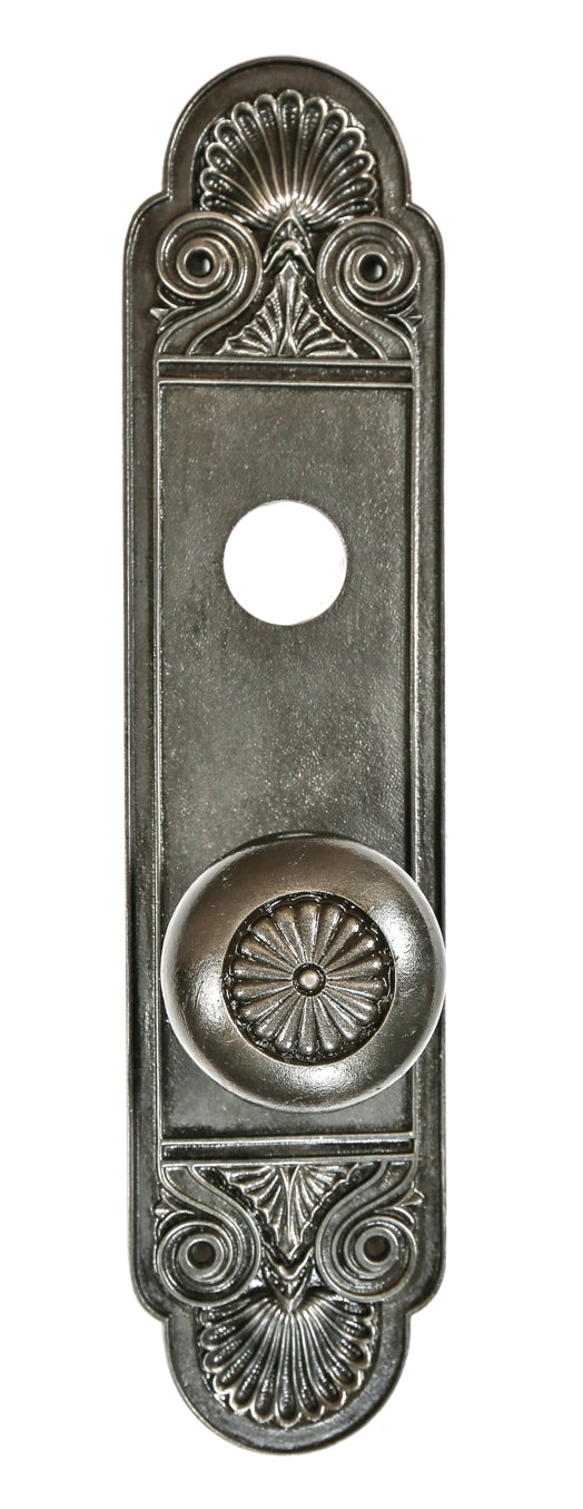 original ornamental cast iron c. 1904 neo-classical style interior railway exchange or sante fe building office door doorknob and matching backplate