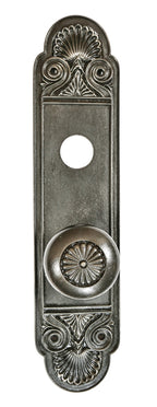 original ornamental cast iron c. 1904 neo-classical style interior railway exchange or sante fe building office door doorknob and matching backplate