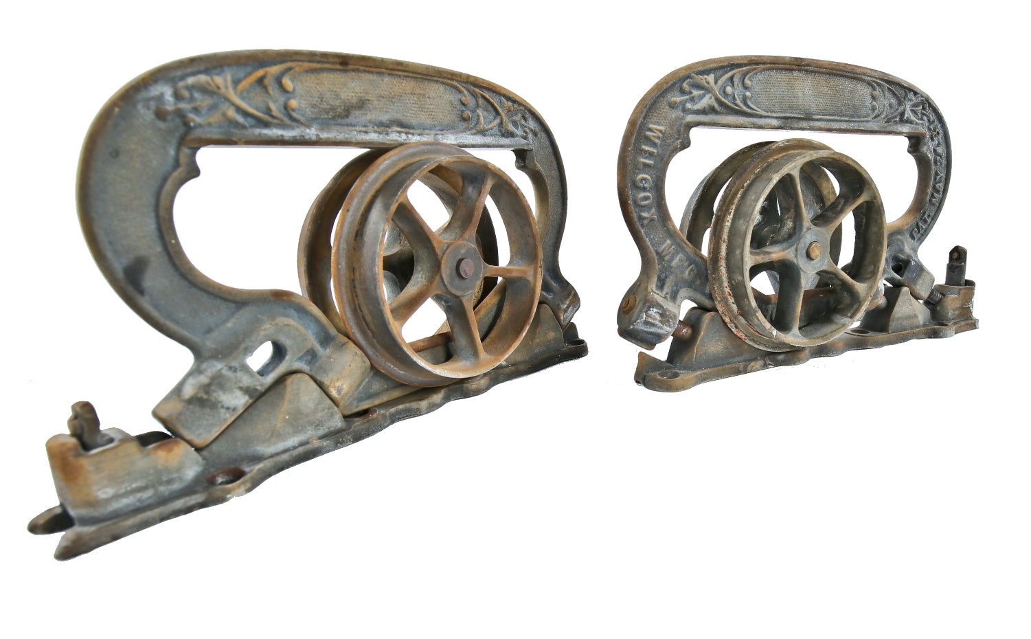 original c. 1880's or 1890's hard to find original interior residential ornamental cast iron single pocket door brackets or hangers with rollers and base plates