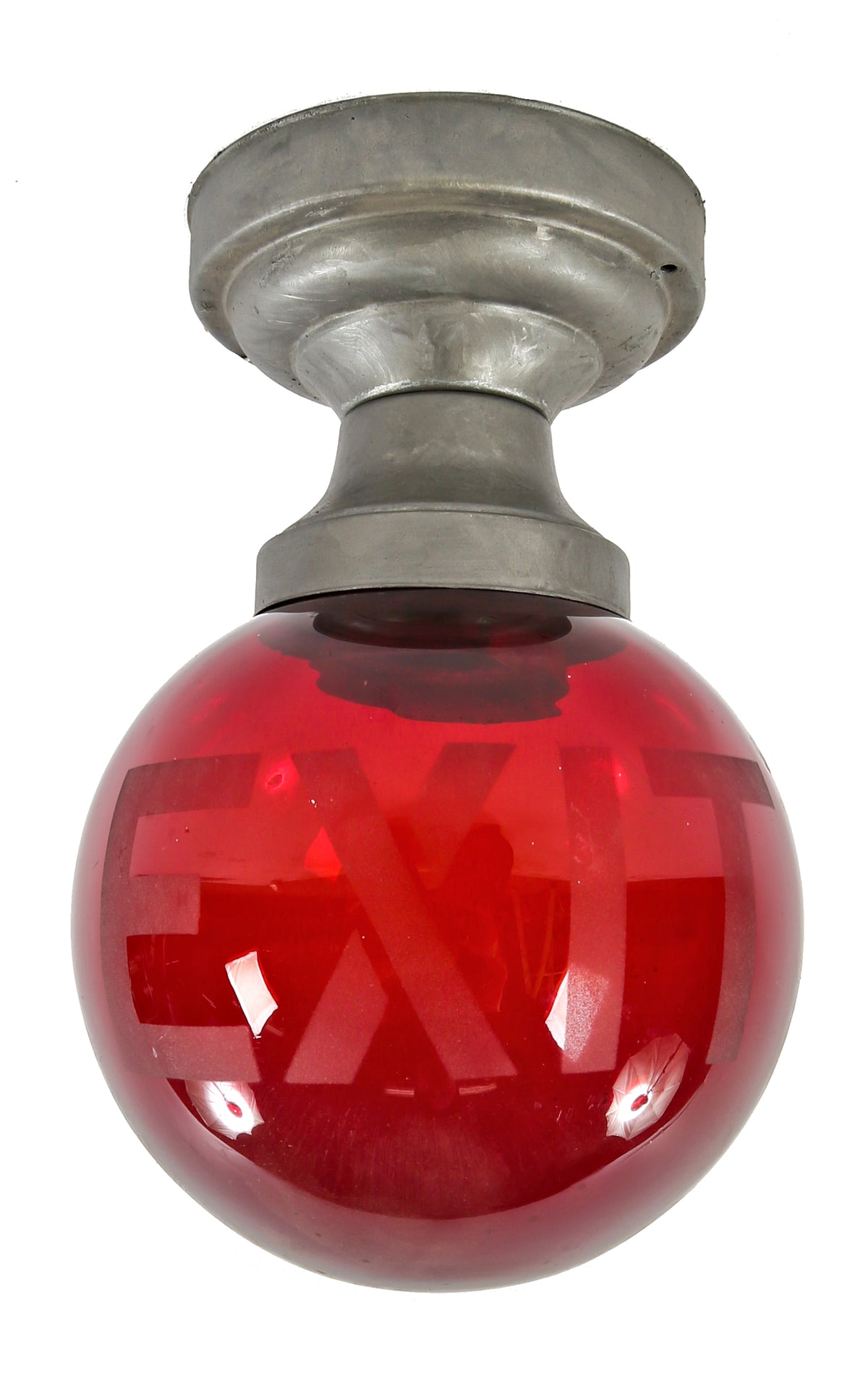 c. 1930's antique american depression-era oversized ruby red glass ceiling-mount exit light globe and fixture with acid etched lettering