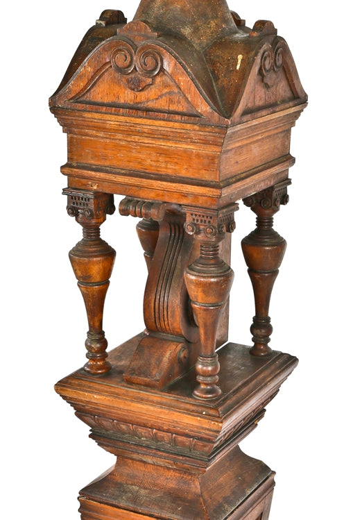 stunning one of a kind 19th century hand-carved solid oak chicago gold coast mansion interior newel post with turned spindles and ionic capitals