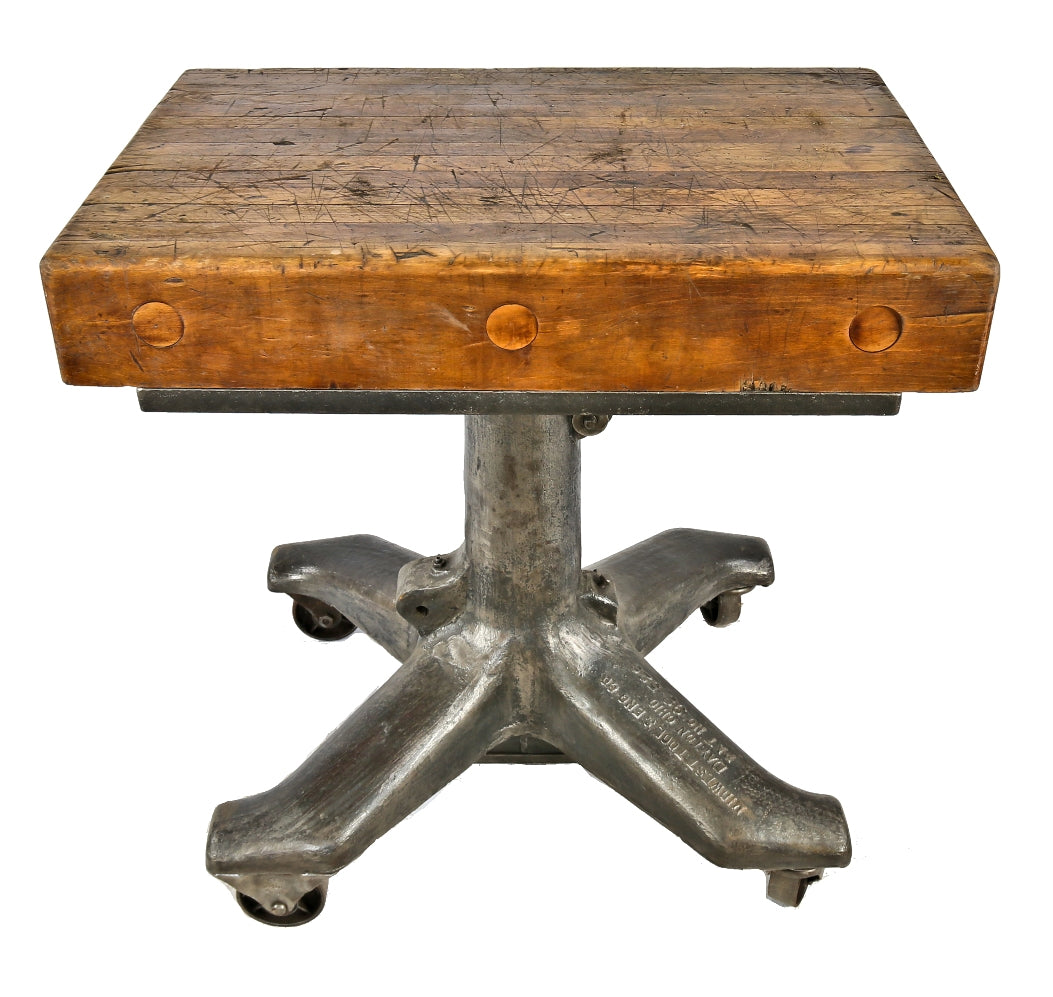 depression era american antique industrial adjustable height mobile oscar a. koogler-designed factory die cart with heavy duty butcher block wood top