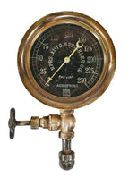 refinished early 20th century american industrial fully enclosed bronze metal standard fire sprinkler auxiliary spring gauge with fittings and faucet handle