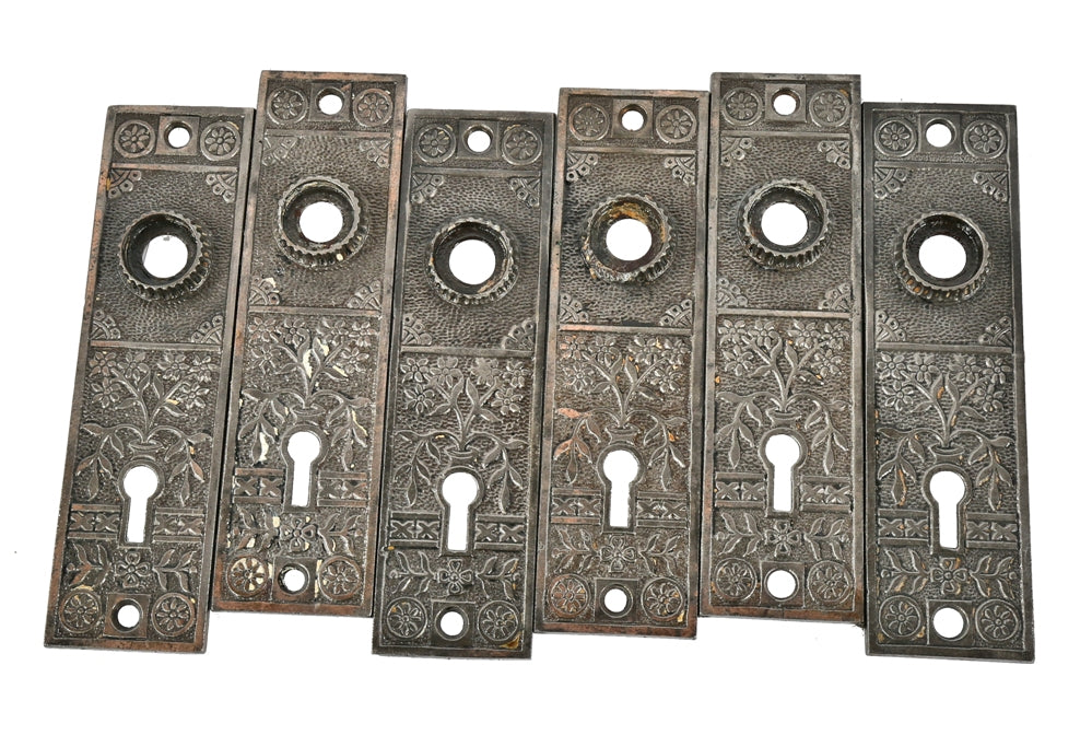 group of matching ornamental cast iron residential antique american victorian era doorknob backplates or escutcheons with brushed metal finish