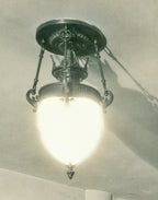 impressive all original and completely intact early 1920's neoclassical style cast bronze logan square masonic lodge ceiling pendant with white opalescent bent glass shade