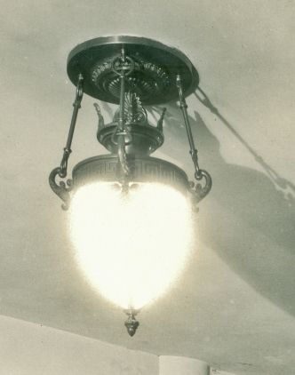 impressive all original intact early 1920's neoclassical style cast bronze logan square masonic lodge ceiling pendant with white opalescent bent glass shade