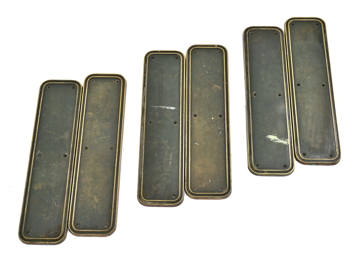 one of three sets of all original heavy cast brass c. 1920's logan square masonic temple flush mount swinging door push plates with nicely aged surface patina