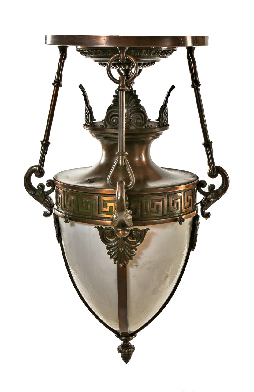 impressive all original and completely intact early 1920's neoclassical style cast bronze logan square masonic lodge ceiling pendant with white opalescent bent glass shade
