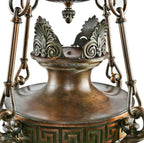 impressive all original and completely intact early 1920's neoclassical style cast bronze logan square masonic lodge ceiling pendant with white opalescent bent glass shade