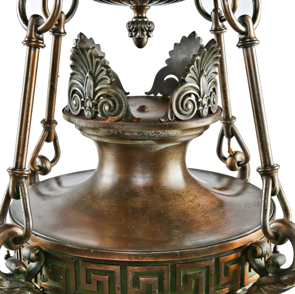 impressive all original and completely intact early 1920's neoclassical style cast bronze logan square masonic lodge ceiling pendant with white opalescent bent glass shade
