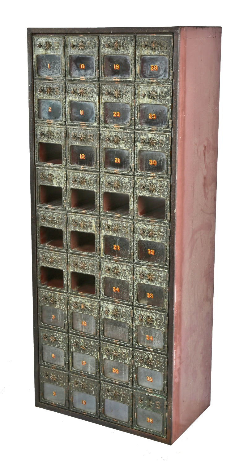 early 20th century freestanding salvaged chicago masonic temple folded steel and cast brass compartmentalized 36-door mail box cabinet with intact turn handles