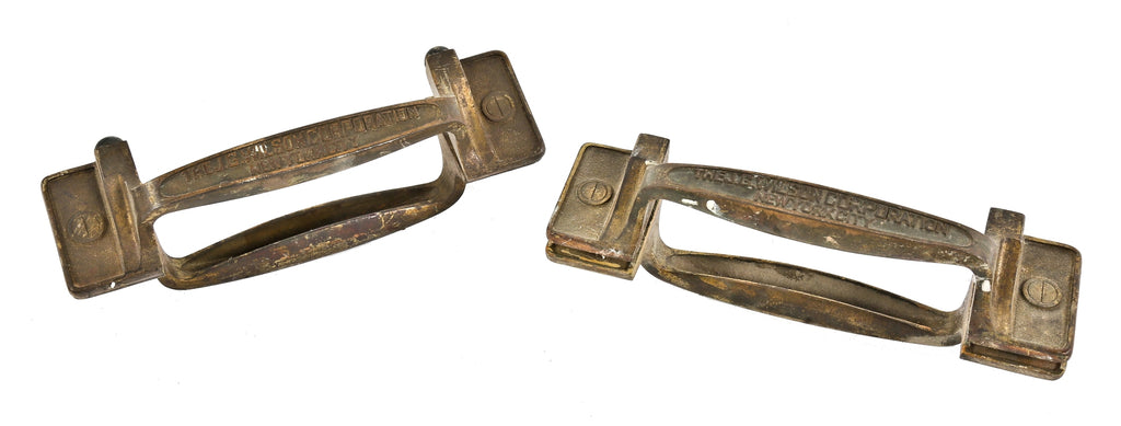 matching set of original and intact brass-plated cast iron antique american industrial wood and/or steel rolling door handles with nicely aged patina