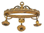 one of three matching oversized ornamental cast and wrought iron interior logan square masonic temple building hanging three-light fixture with original finish