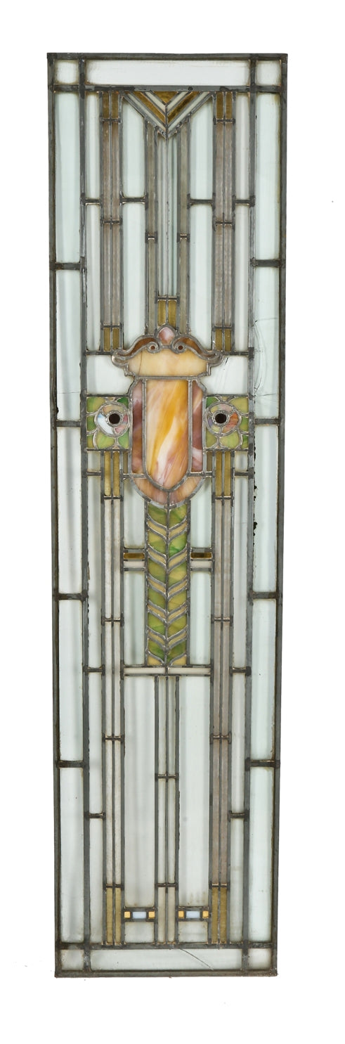 very unique early 20th century prairie school style leaded art glass logan square masonic temple cabinet door window with centrally located floral motifs