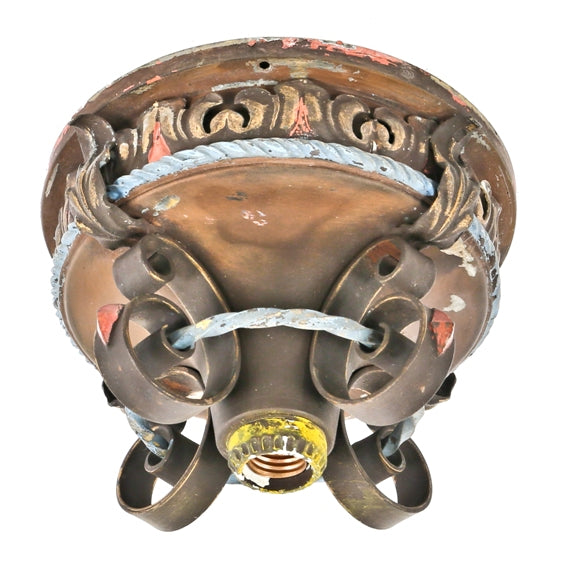 one of several matching original c. 1920's flush mount chicago masonic temple decorative single light fixture comprised of spun yellow brass