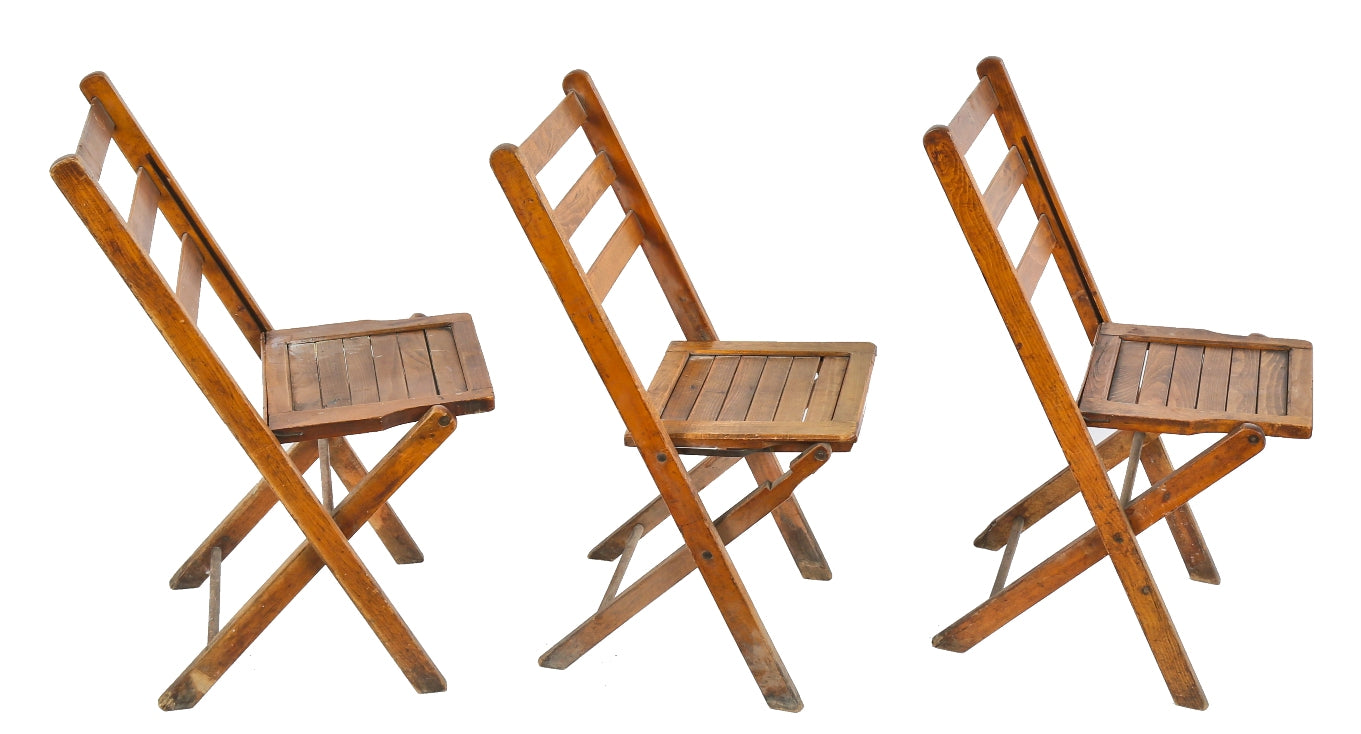 three matching c. 1930's antique american chicago masonic temple varnished maple wood folding chairs with collapsible seats