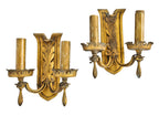 original heavy cast bronze ornamental interior logan square masonic temple double-arm wall sconces with electric candles and antique gold finish