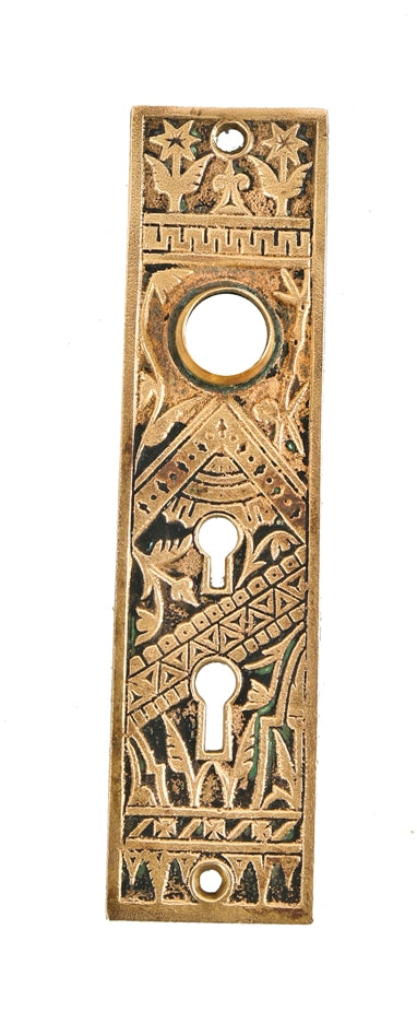 19th century antique american ornamental cast brass eastlake style "oriental" pattern residential entrance door escutcheon with two key holes