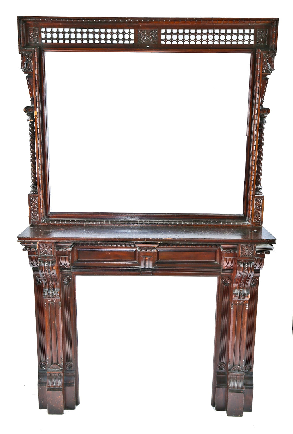 spectacular oversized 19th century salvaged chicago solid carved cherry wood interior residential fireplace mantel with intact overmantel