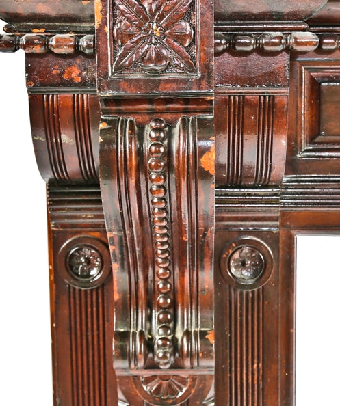 spectacular oversized 19th century salvaged chicago solid carved cherry wood interior residential fireplace mantel with intact overmantel