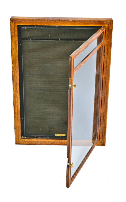 one of two matching original and well-maintained solid varnished oak wood wall-mount interior logan square masonic temple directory sign boards