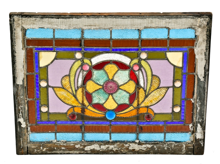 impressive late 19th century antique american victorian era salvaged chicago residential stained glass transom window with ornamental pressed glass rondels