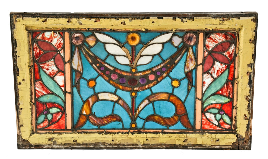 original salvaged chicago 1880's two flat antique american victorian stained glass window with original sash frame and multiple glass jewels