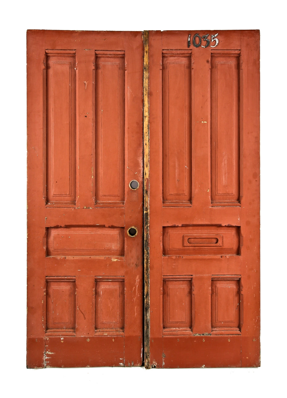 matching set of original 1880's pine wood salvaged chicago cottage entrance doors with raised panels accentuated with chamfered edges