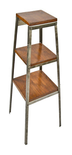 repurposed angled steel freestanding salvaged chicago three-tier service station display stand with walnut wood shelves