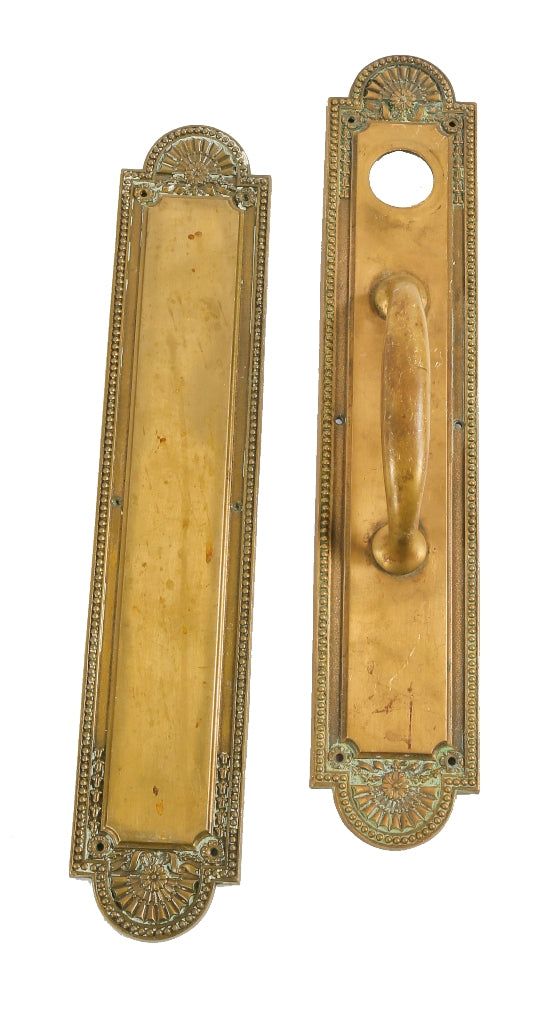 original "push" and "pull" ornamental cast brass c. 1920's historically important lakeshore drive athletic club door hardware