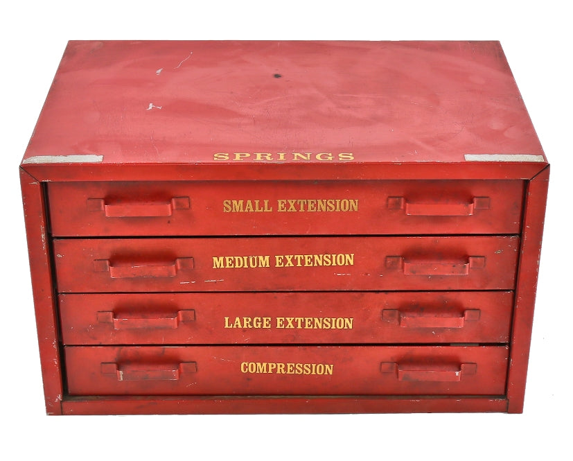 late 1940's american antique industrial original cherry red enameled multi-drawer "springs" factory cabinet comprised of pressed and folded steel