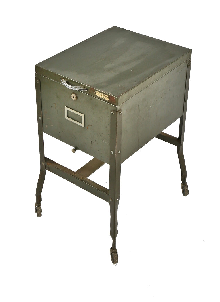 original c. 1940's fully functional mobile factory four-legged office file folder storage cabinet with hinged top and bassick casters