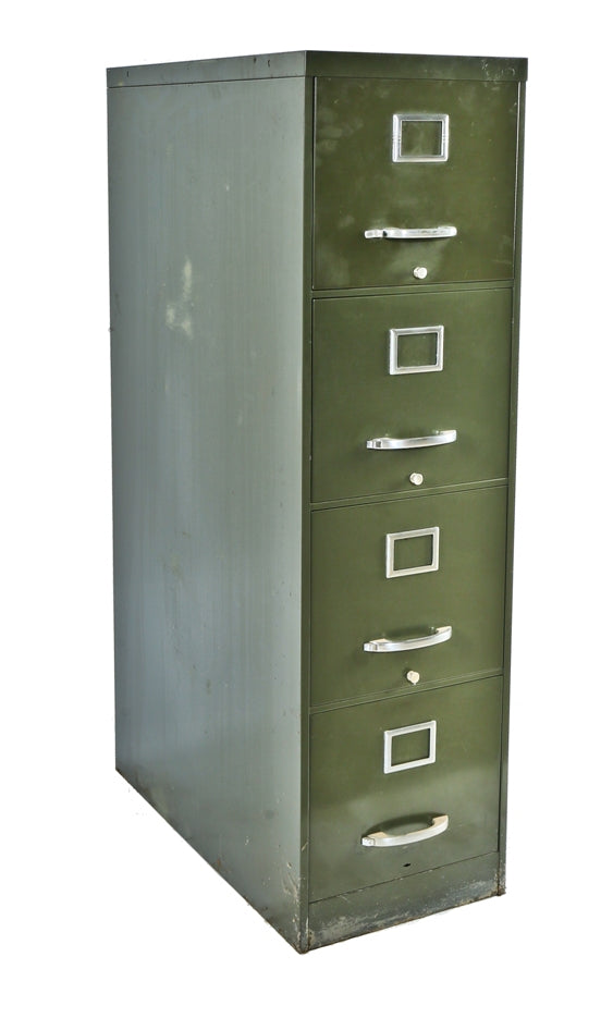 c. 1950's vintage american industrial 4-drawer heavy gauge factory office filing cabinet with original brushed aluminum handles and placard holders