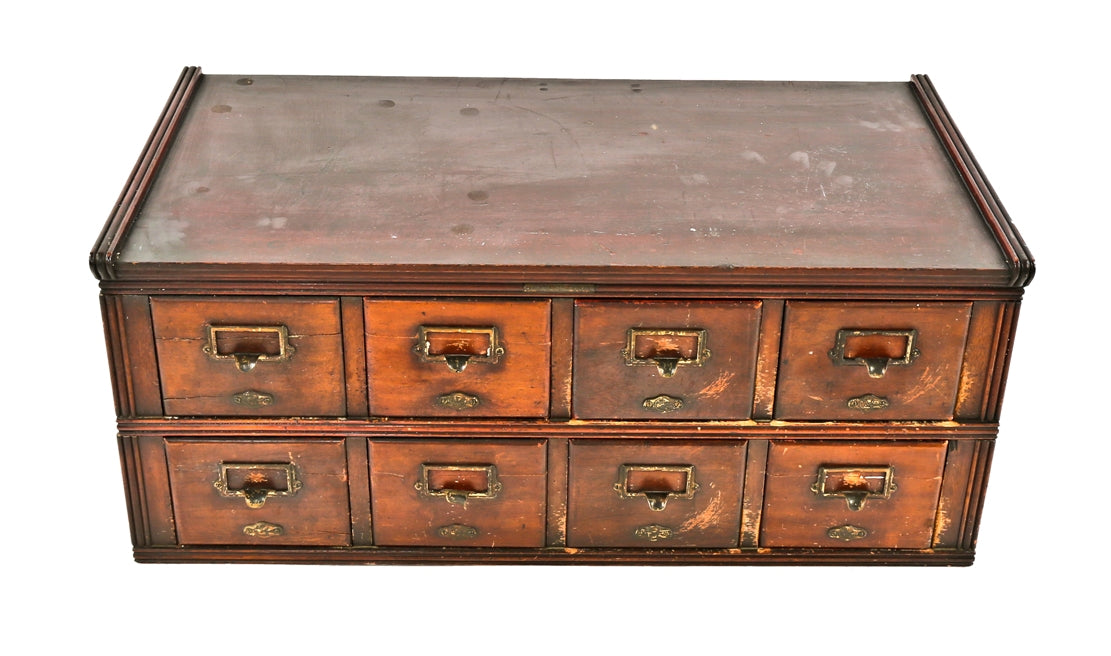 early 20th century eight-drawer mahogany wood yawman factory office filing cabinet with original pulls and detachable header