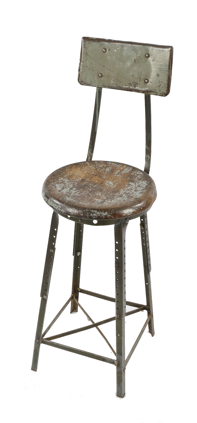 1930's antique american industrial riveted joint angled steel adjustable height factory stool or chair with oak seat and backrest