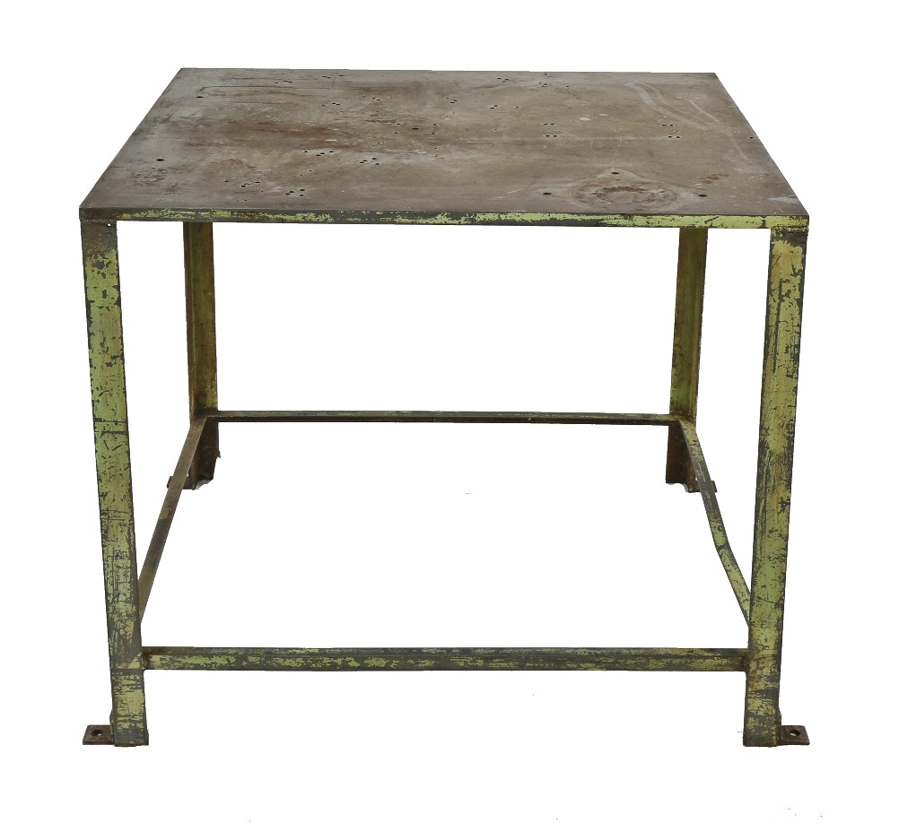 vintage american industrial four-legged angled steel salvaged chicago zim factory weathered and worn table with welded joint stretchers