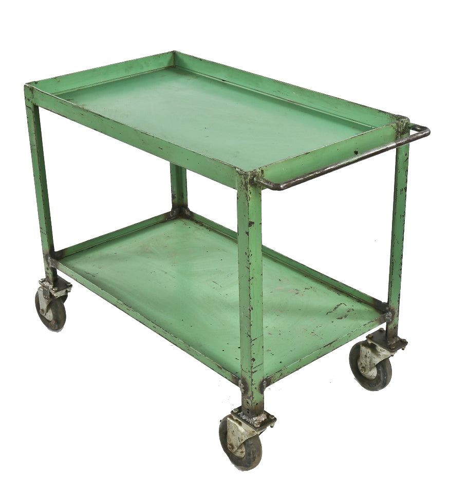 two-tier vintage american industrial factory green enameled welded joint heavy gauge steel mobile factory cart with robust stationary and swivel casters