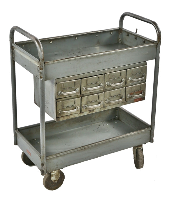 thoroughly cleaned original c. 1940's american industrial salvaged chicago factory machine shop mobile tool cart with multi-drawer "equipto" cabinet